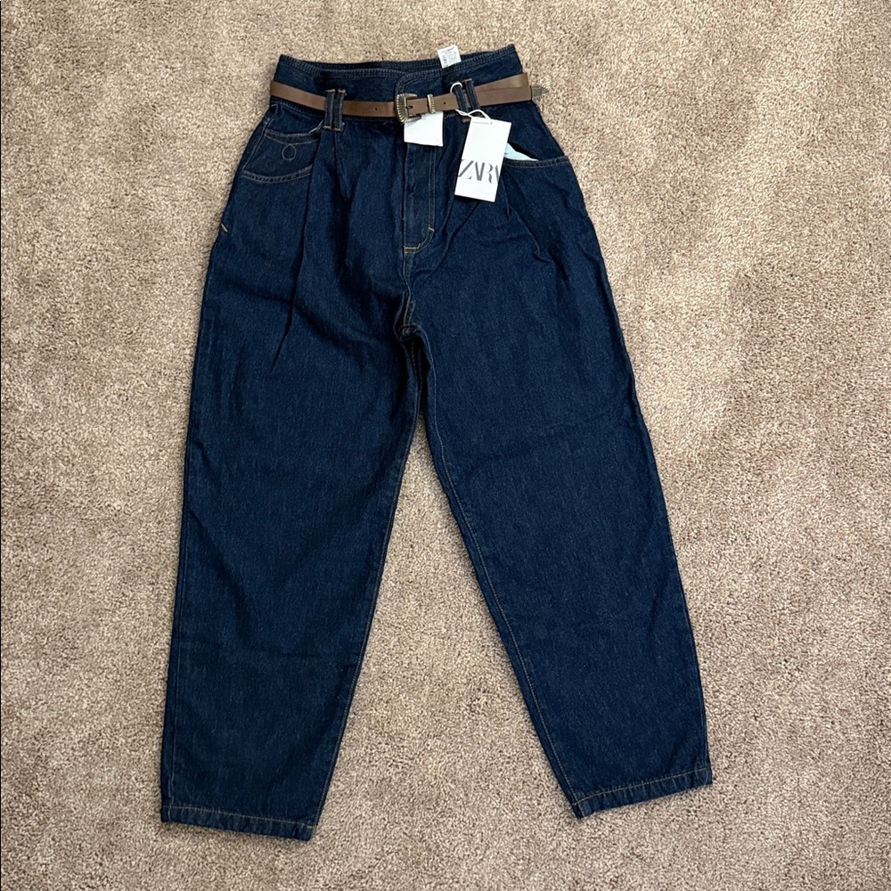 Zara Pleat Jeans Women Size 6 Blue High Waist Belt Tapered Cigarette Denim Pants